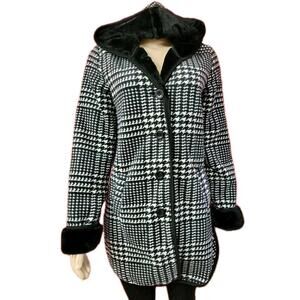 Ike Behar Hooded Houndstooth Coat Black White Women's Fur lining Size M NWT #C